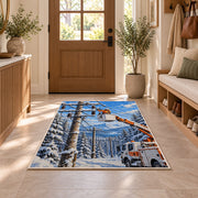 winter lineman bucket truck rug in an entryway with a wooden door and bench