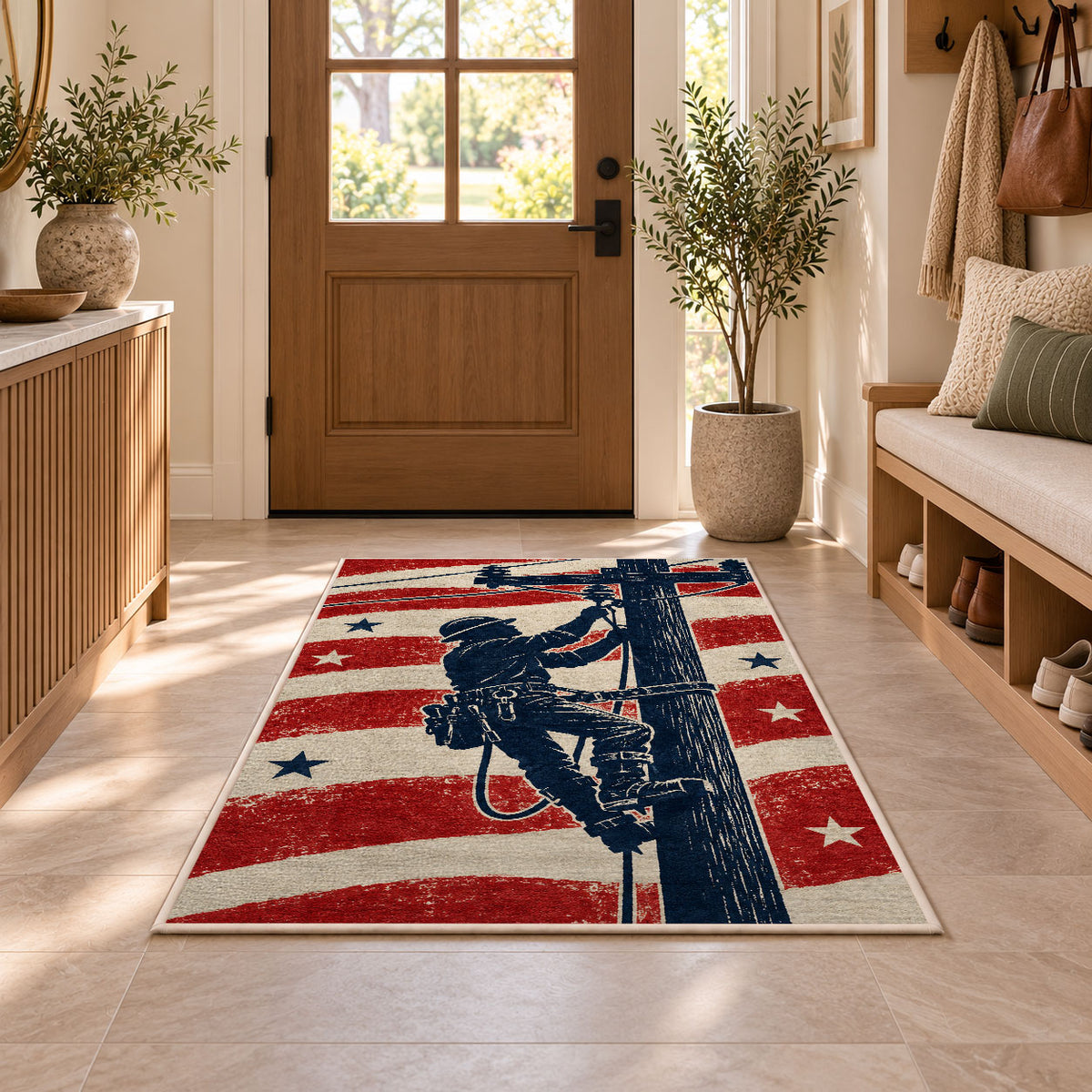 patriotic lineman silhouette rug in an entryway with a wooden door and bench