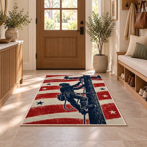 patriotic lineman silhouette rug in an entryway with a wooden door and bench