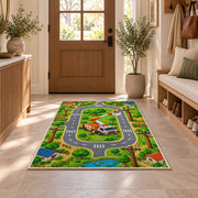 kids lineman road play rug in an entryway with a wooden door and bench