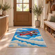 Vintage Biplane Rug in an entryway with a wooden door and bench