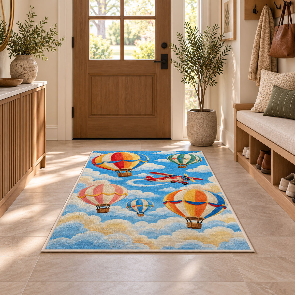 Hot Air Balloon Rug in an entryway with a wooden door and bench