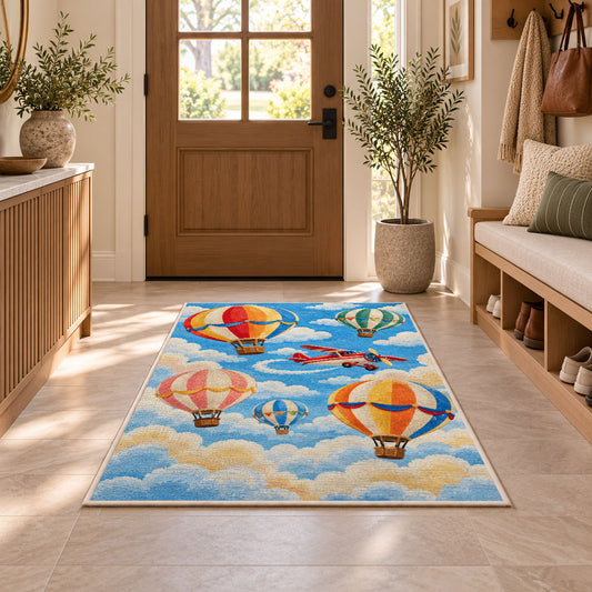 Hot Air Balloon Rug in an entryway with a wooden door and bench