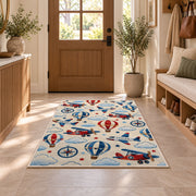 Airplane Pattern Rug in an entryway with a wooden door and bench