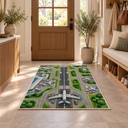Airport Runway Rug in an entryway with a wooden door and bench