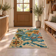 Vintage World Map Rug in an entryway with a wooden door and bench