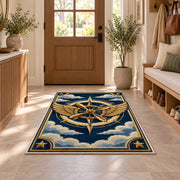 Pilot Wings Rug in an entryway with a wooden door and bench
