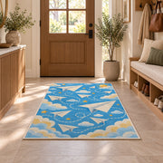 Paper Airplane Rug in an entryway with a wooden door and bench