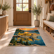 Seaplane Lake Rug in an entryway with a wooden door and bench