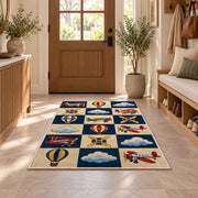 Retro Airplane Checkered Rug in an entryway with a wooden door and bench