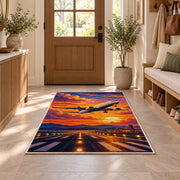 Jet Takeoff Sunset Rug in an entryway with a wooden door and bench