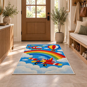 Rainbow Airplane Rug in an entryway with a wooden door and bench