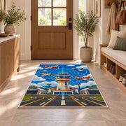 Control Tower Rug in an entryway with a wooden door and bench