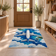 Airplane Top View Rug in an entryway with a wooden door and bench