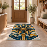 Art Deco Propeller Rug in an entryway with a wooden door and bench