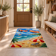 Beach Airplane Banner Rug in an entryway with a wooden door and bench