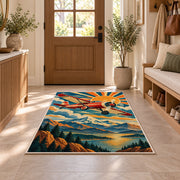 Retro Aviation Poster Rug in an entryway with a wooden door and bench