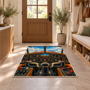 Airplane Cockpit Rug in an entryway with a wooden door and bench