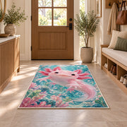 Cute Pink Axolotl Rug in an entryway with a wooden door and bench