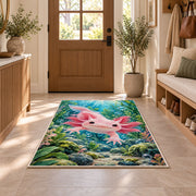 Axolotl Lake Rug in an entryway with a wooden door and bench
