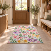 Axolotl Pattern Rug in an entryway with a wooden door and bench