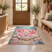 Axolotl Princess Rug in an entryway with a wooden door and bench