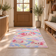 Rainbow Axolotl Rug in an entryway with a wooden door and bench