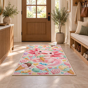 Axolotl Ice Cream Rug in an entryway with a wooden door and bench