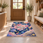 Astronaut Axolotl Rug in an entryway with a wooden door and bench