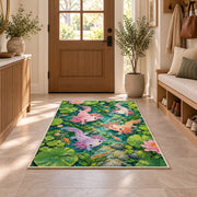 Axolotl Pond Rug in an entryway with a wooden door and bench