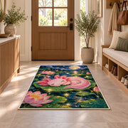 Sleeping Axolotl Rug in an entryway with a wooden door and bench
