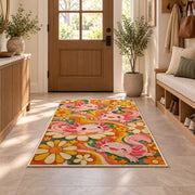 Retro Groovy Axolotl Rug in an entryway with a wooden door and bench