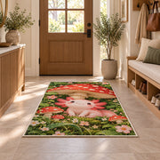 Axolotl Mushroom Rug in an entryway with a wooden door and bench