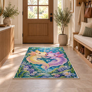 Axolotl Love Rug in an entryway with a wooden door and bench