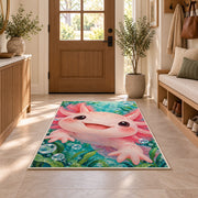 Big Axolotl Face Rug in an entryway with a wooden door and bench