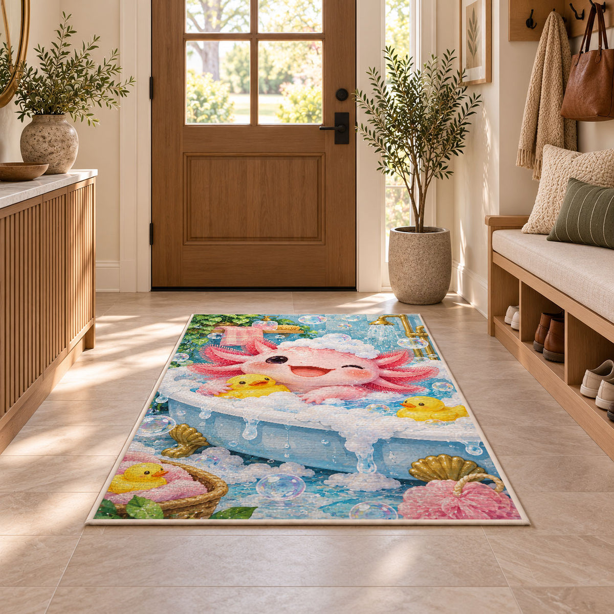 Axolotl Bubble Bath Rug in an entryway with a wooden door and bench