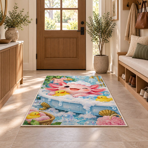 Axolotl Bubble Bath Rug in an entryway with a wooden door and bench