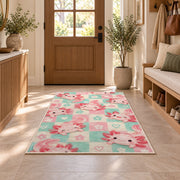 Pastel Checkered Axolotl Rug in an entryway with a wooden door and bench