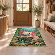 Axolotl Reading Book Rug in an entryway with a wooden door and bench