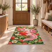 Axolotl Strawberry Rug in an entryway with a wooden door and bench