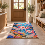 Axolotl Ocean Rug in an entryway with a wooden door and bench