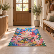Axolotl Birthday Party Rug in an entryway with a wooden door and bench
