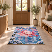 Winter Axolotl Rug in an entryway with a wooden door and bench
