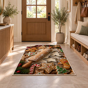 Gingerbread baking rug in an entryway with a wooden door and bench