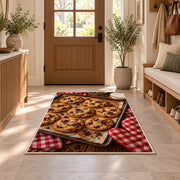 Chocolate chip cookie tray rug in an entryway with a wooden door and bench