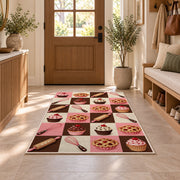 Checkered bakery icons rug in an entryway with a wooden door and bench