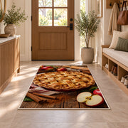 Apple pie rug in an entryway with a wooden door and bench