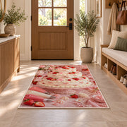 Strawberry tiered cake rug in an entryway with a wooden door and bench