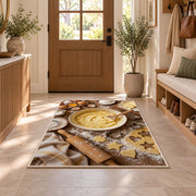 Baking flat lay rug in an entryway with a wooden door and bench