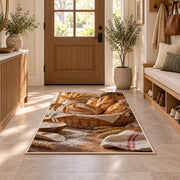 Fresh bread basket rug in an entryway with a wooden door and bench
